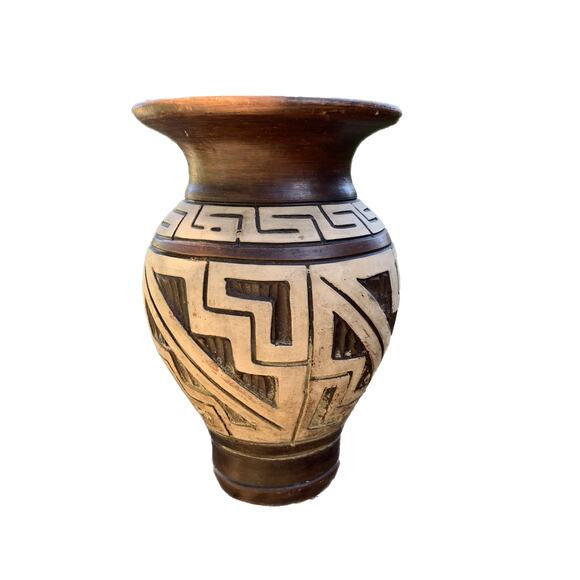 Vintage Decorative Segmented Wood Look Pottery Vase - Picture 1 of 8